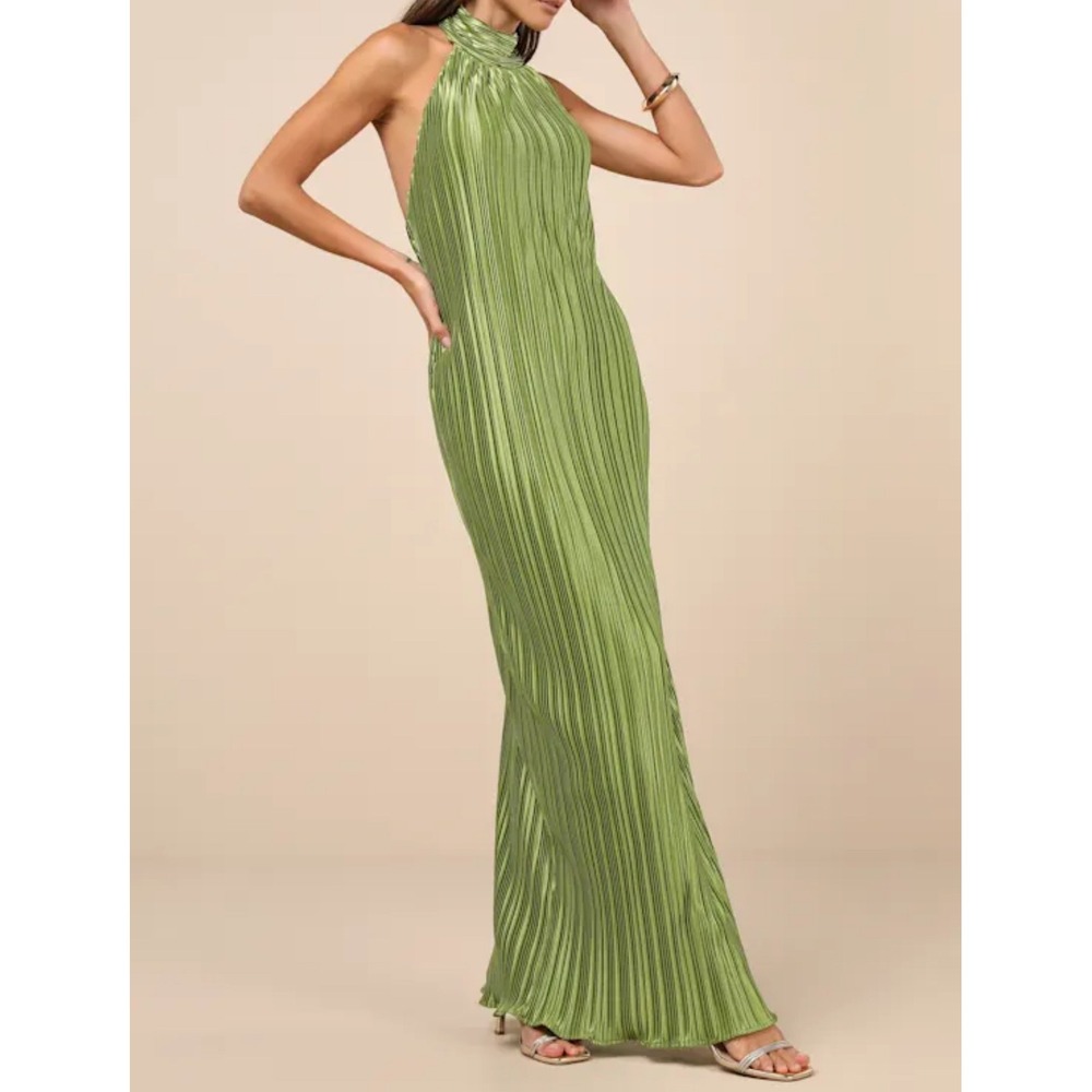 Lulus Gwenny Lime Green Plisse Halter Neck Maxi Dress Glam Evening Formal Size M - Picture 2 of 13
